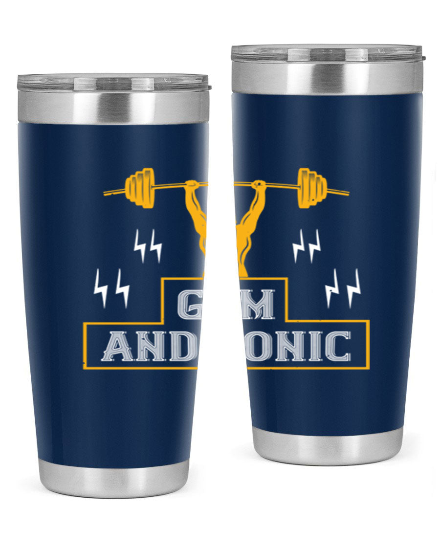 Gym and Tonic 20oz Tumbler in stainless steel with a drink-thru lid, showcasing its sleek design and double wall vacuum insulation.