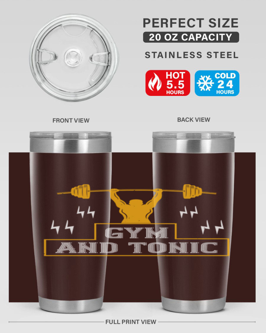 Gym and Tonic 20oz Tumbler in stainless steel with a drink-thru lid, showcasing its sleek design and double wall vacuum insulation.