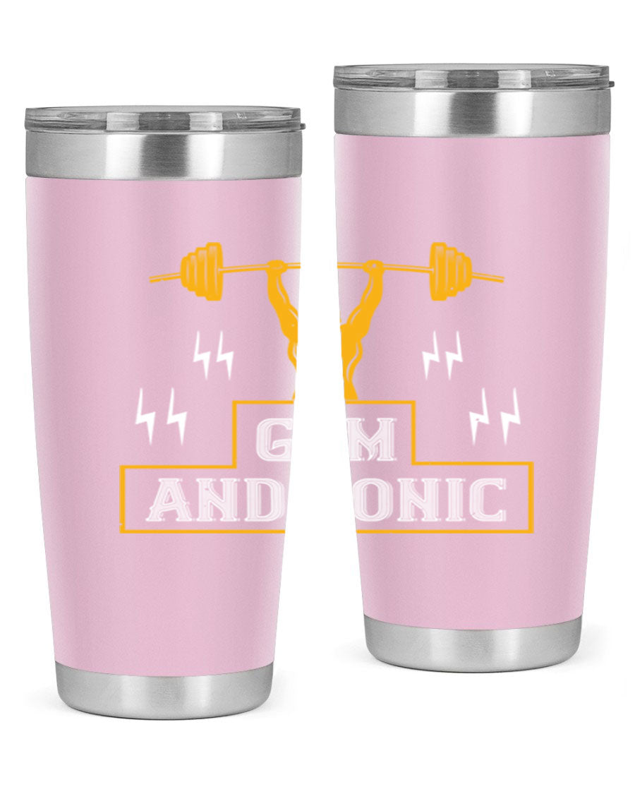 Gym and Tonic 20oz Tumbler in stainless steel with a drink-thru lid, showcasing its sleek design and double wall vacuum insulation.