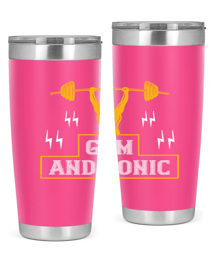 Gym and Tonic 20oz Tumbler in stainless steel with a drink-thru lid, showcasing its sleek design and double wall vacuum insulation.