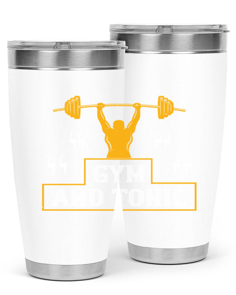 Gym and Tonic 20oz Tumbler in stainless steel with a drink-thru lid, showcasing its sleek design and double wall vacuum insulation.