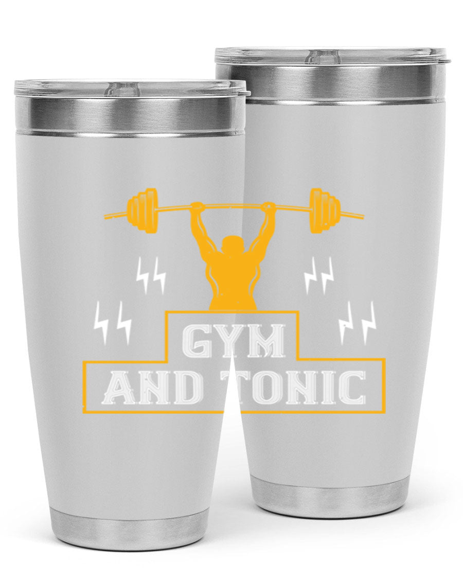 Gym and Tonic 20oz Tumbler in stainless steel with a drink-thru lid, showcasing its sleek design and double wall vacuum insulation.