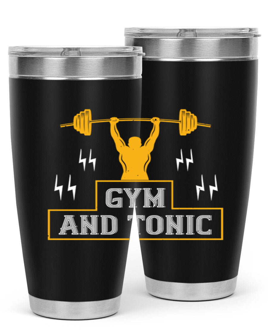 Gym and Tonic 20oz Tumbler in stainless steel with a drink-thru lid, showcasing its sleek design and double wall vacuum insulation.