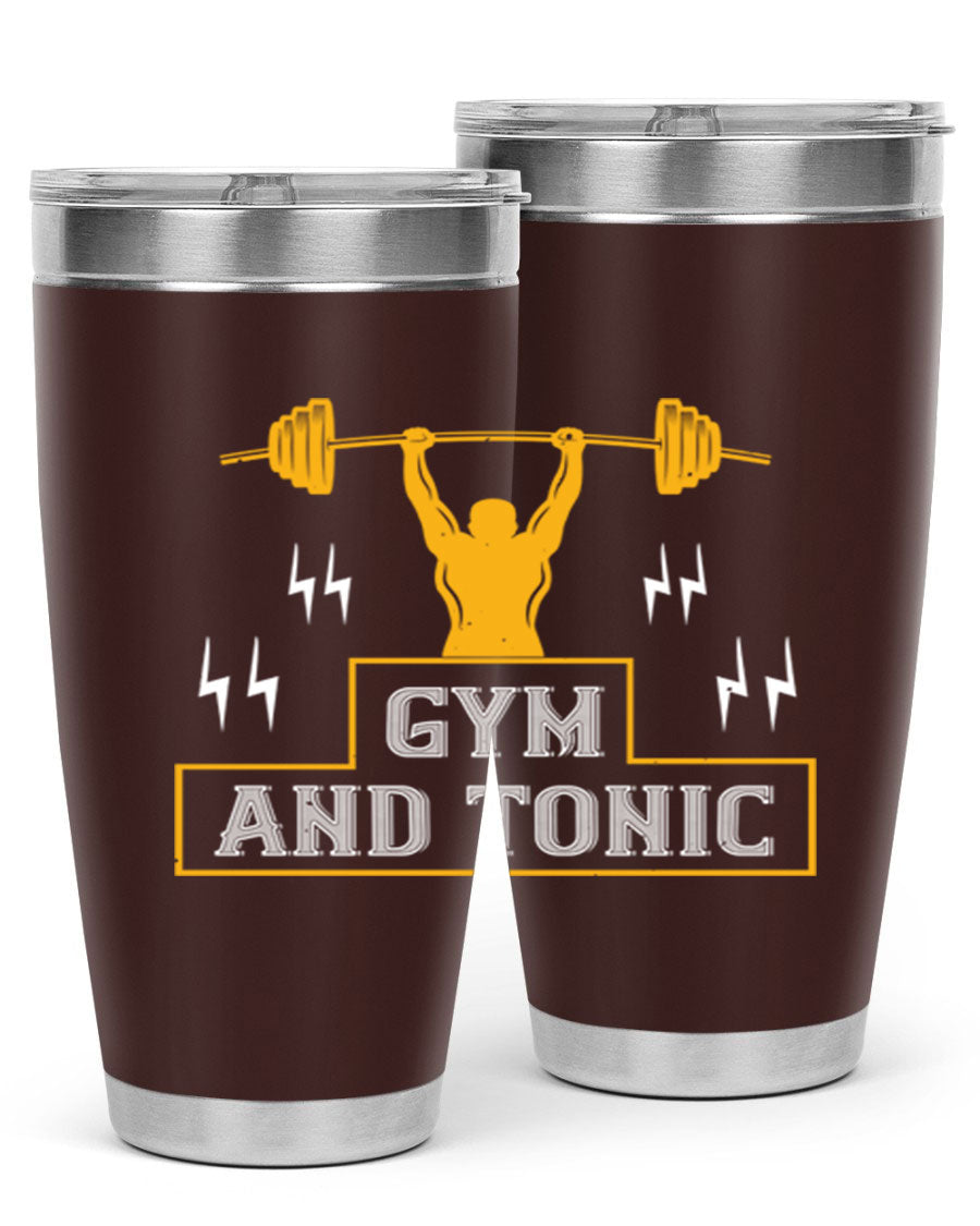 Gym and Tonic 20oz Tumbler in stainless steel with a drink-thru lid, showcasing its sleek design and double wall vacuum insulation.
