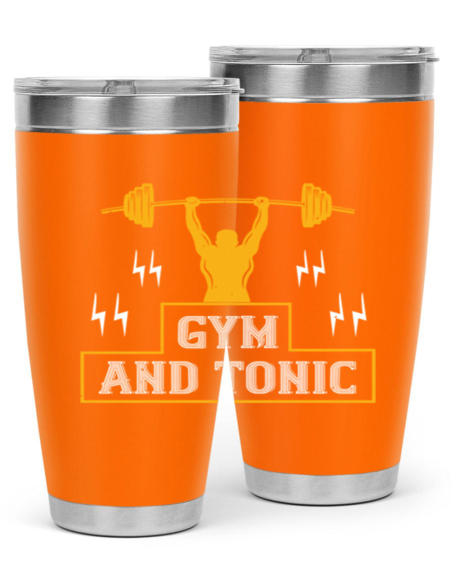 Gym and Tonic 20oz Tumbler in stainless steel with a drink-thru lid, showcasing its sleek design and double wall vacuum insulation.