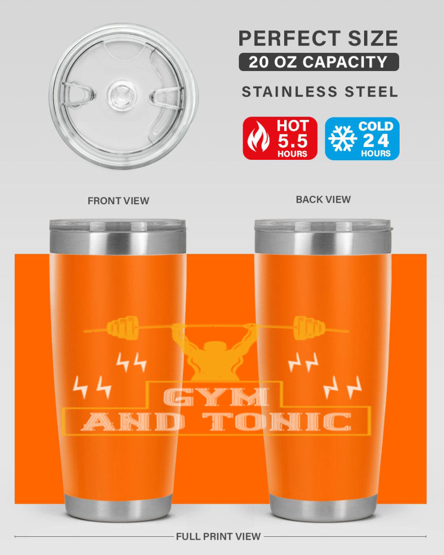 Gym and Tonic 20oz Tumbler in stainless steel with a drink-thru lid, showcasing its sleek design and double wall vacuum insulation.