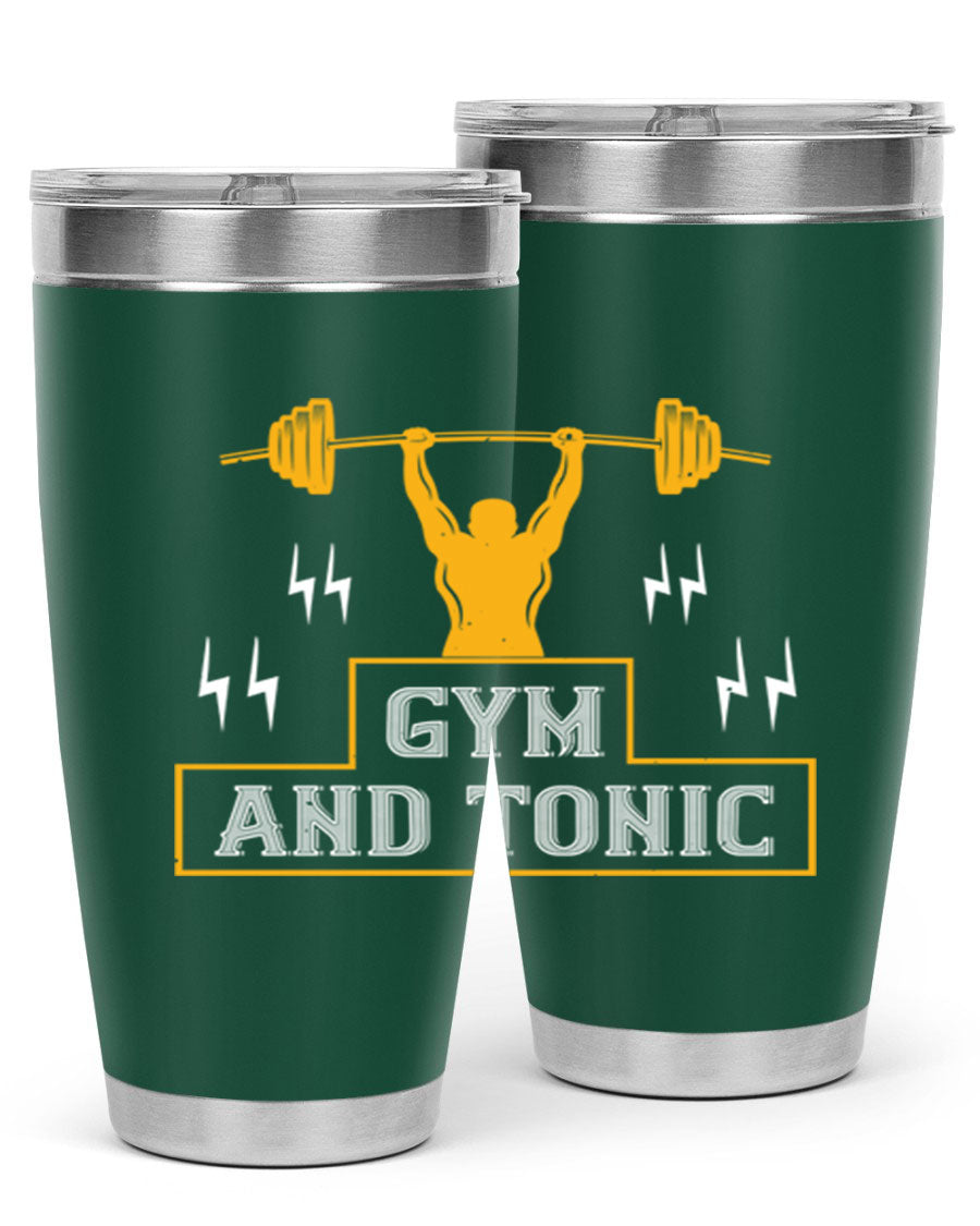 Gym and Tonic 20oz Tumbler in stainless steel with a drink-thru lid, showcasing its sleek design and double wall vacuum insulation.