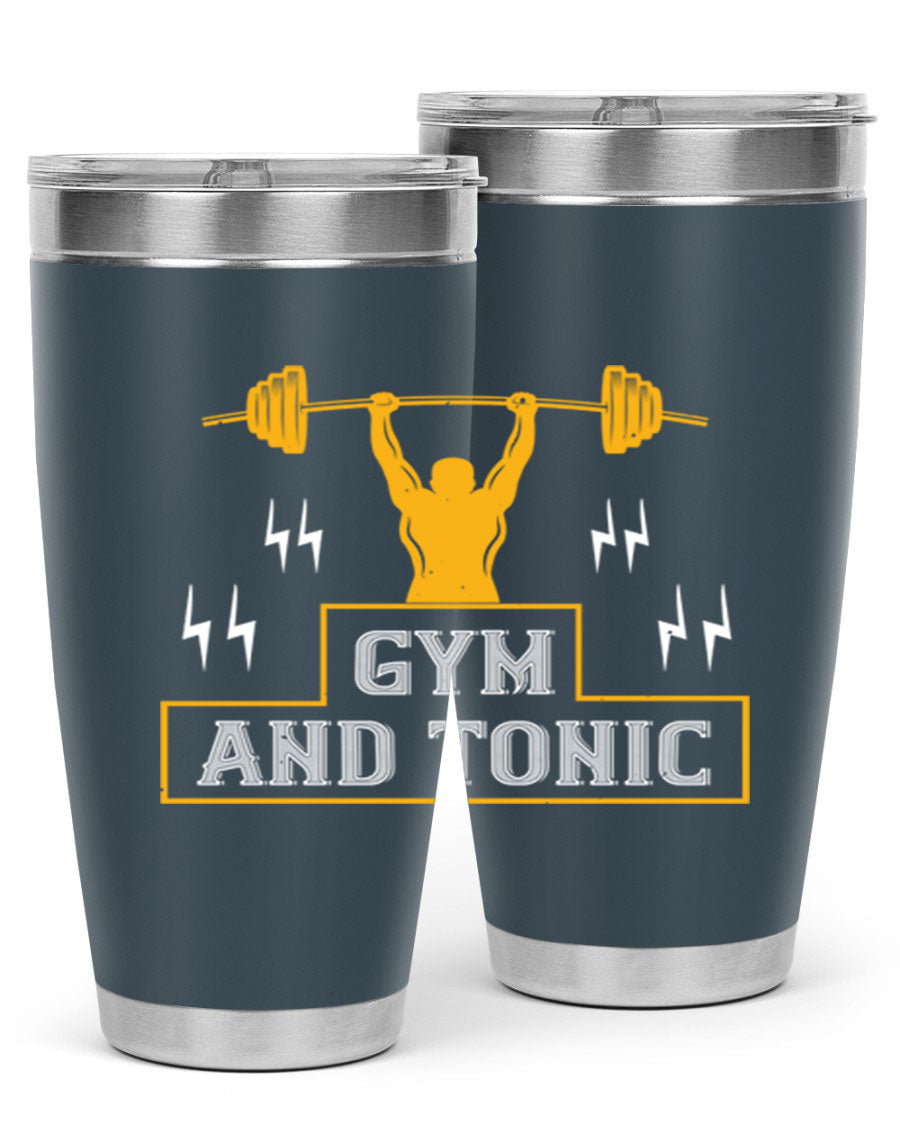 Gym and Tonic 20oz Tumbler in stainless steel with a drink-thru lid, showcasing its sleek design and double wall vacuum insulation.