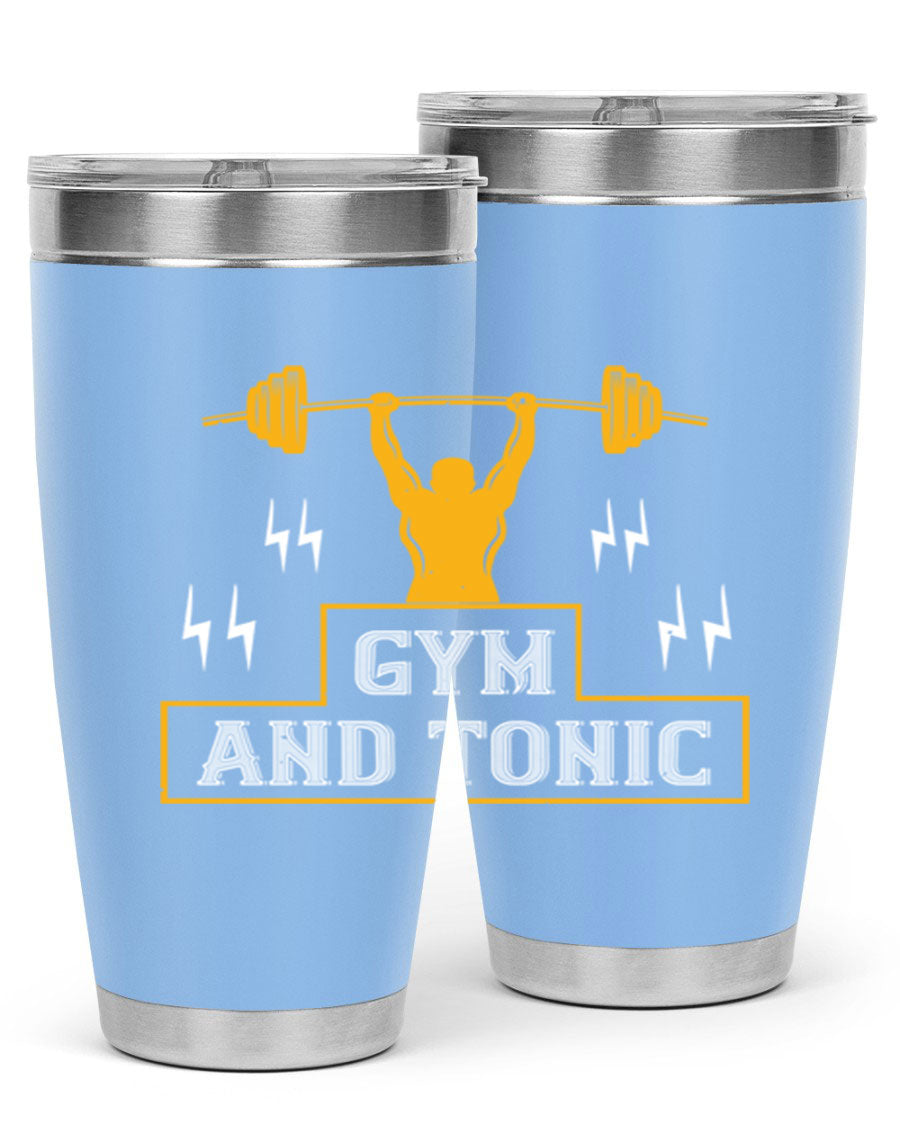 Gym and Tonic 20oz Tumbler in stainless steel with a drink-thru lid, showcasing its sleek design and double wall vacuum insulation.