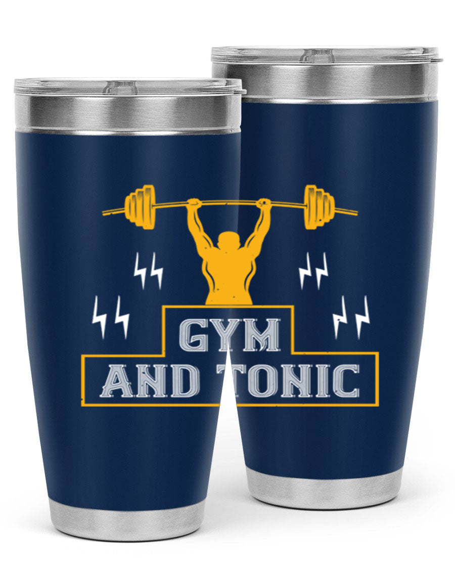 Gym and Tonic 20oz Tumbler in stainless steel with a drink-thru lid, showcasing its sleek design and double wall vacuum insulation.