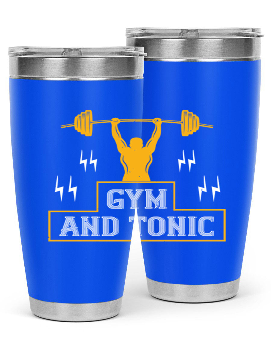 Gym and Tonic 20oz Tumbler in stainless steel with a drink-thru lid, showcasing its sleek design and double wall vacuum insulation.