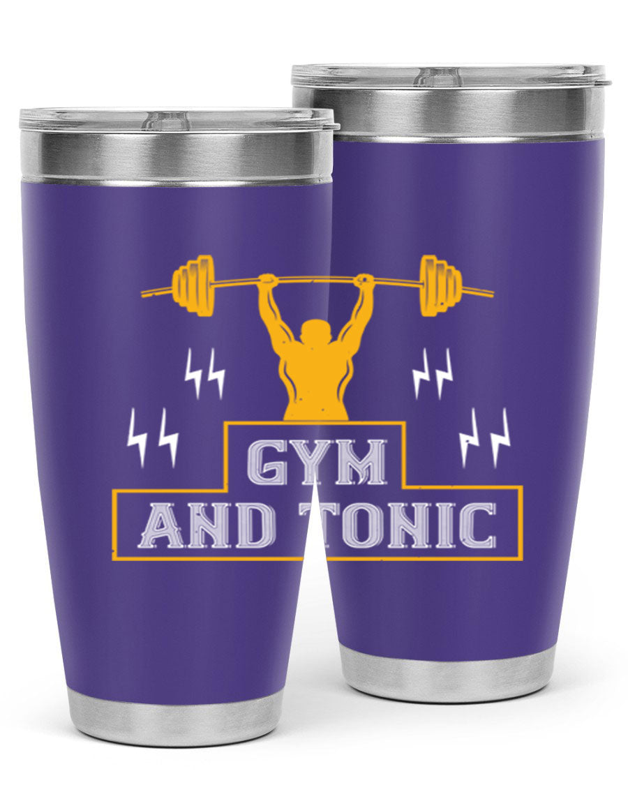 Gym and Tonic 20oz Tumbler in stainless steel with a drink-thru lid, showcasing its sleek design and double wall vacuum insulation.