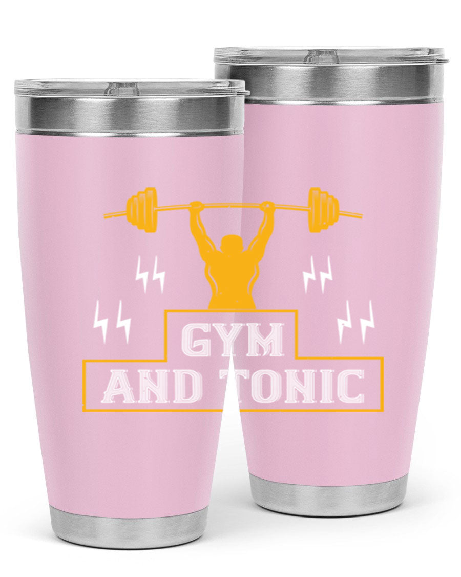 Gym and Tonic 20oz Tumbler in stainless steel with a drink-thru lid, showcasing its sleek design and double wall vacuum insulation.