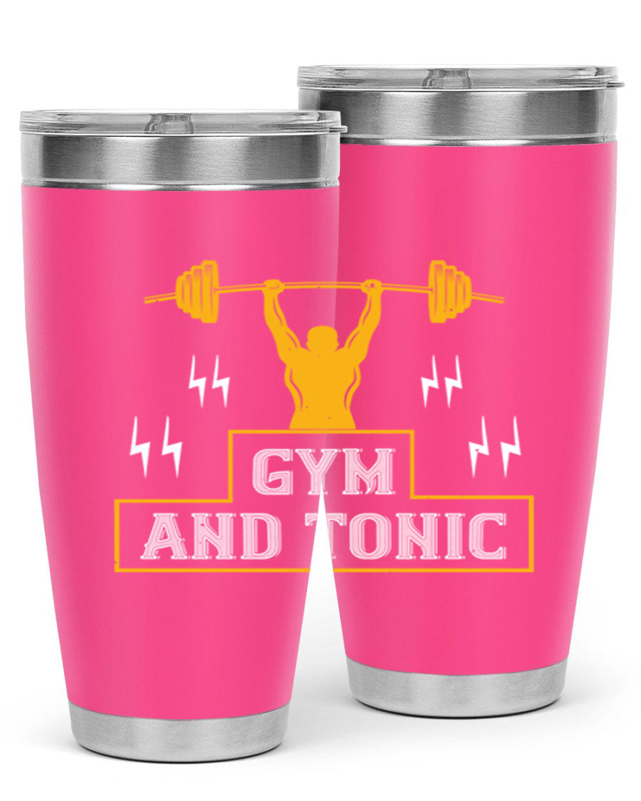 Gym and Tonic 20oz Tumbler in stainless steel with a drink-thru lid, showcasing its sleek design and double wall vacuum insulation.