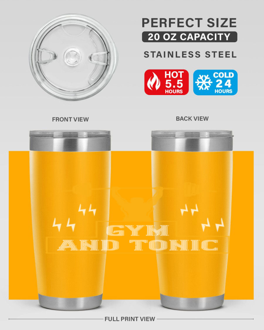 Gym and Tonic 20oz Tumbler in stainless steel with a drink-thru lid, showcasing its sleek design and double wall vacuum insulation.