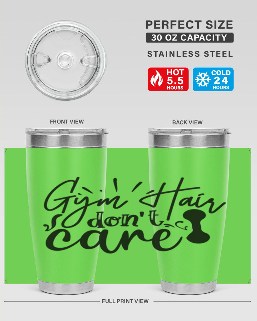 Gym Hair Don't Care 43# Tumbler, a stylish 20oz double wall vacuum stainless steel tumbler with a drink-thru lid, perfect for workouts.