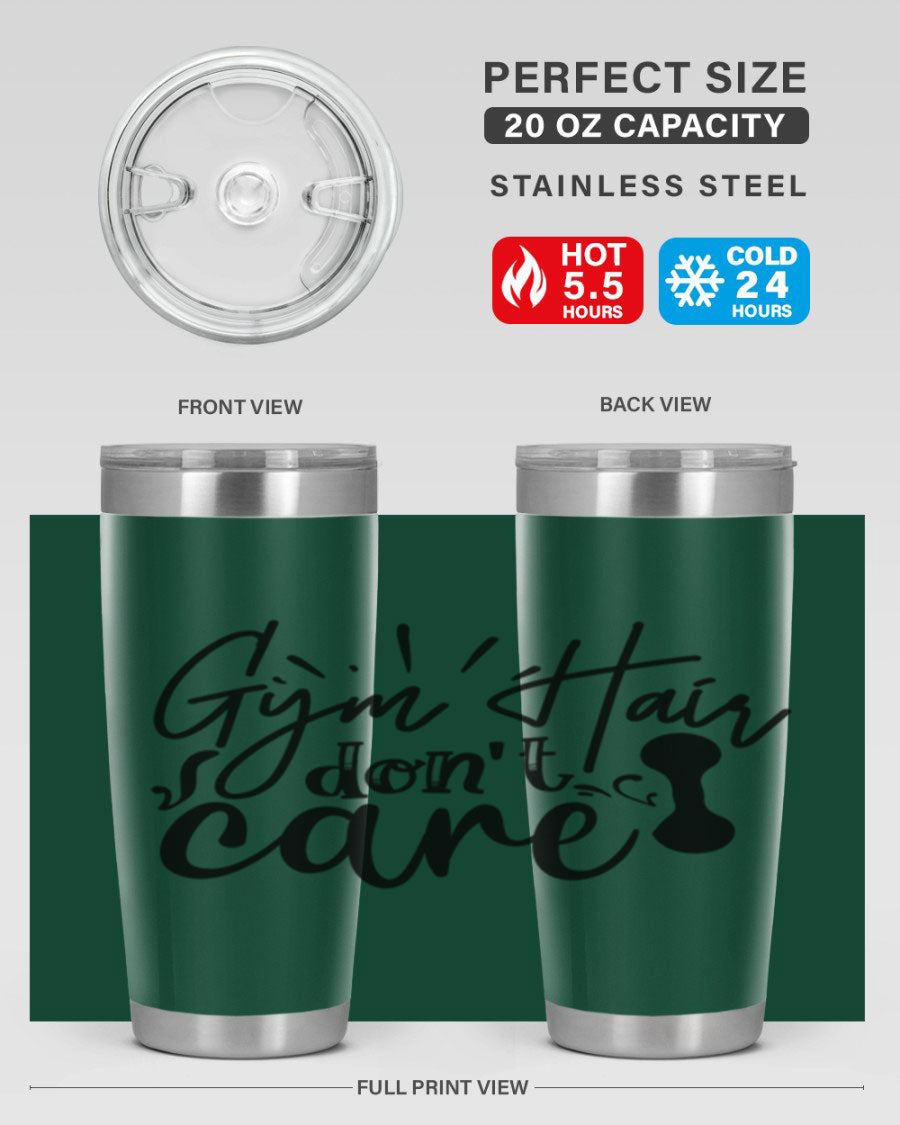 Gym Hair Don't Care 43# Tumbler, a stylish 20oz double wall vacuum stainless steel tumbler with a drink-thru lid, perfect for workouts.