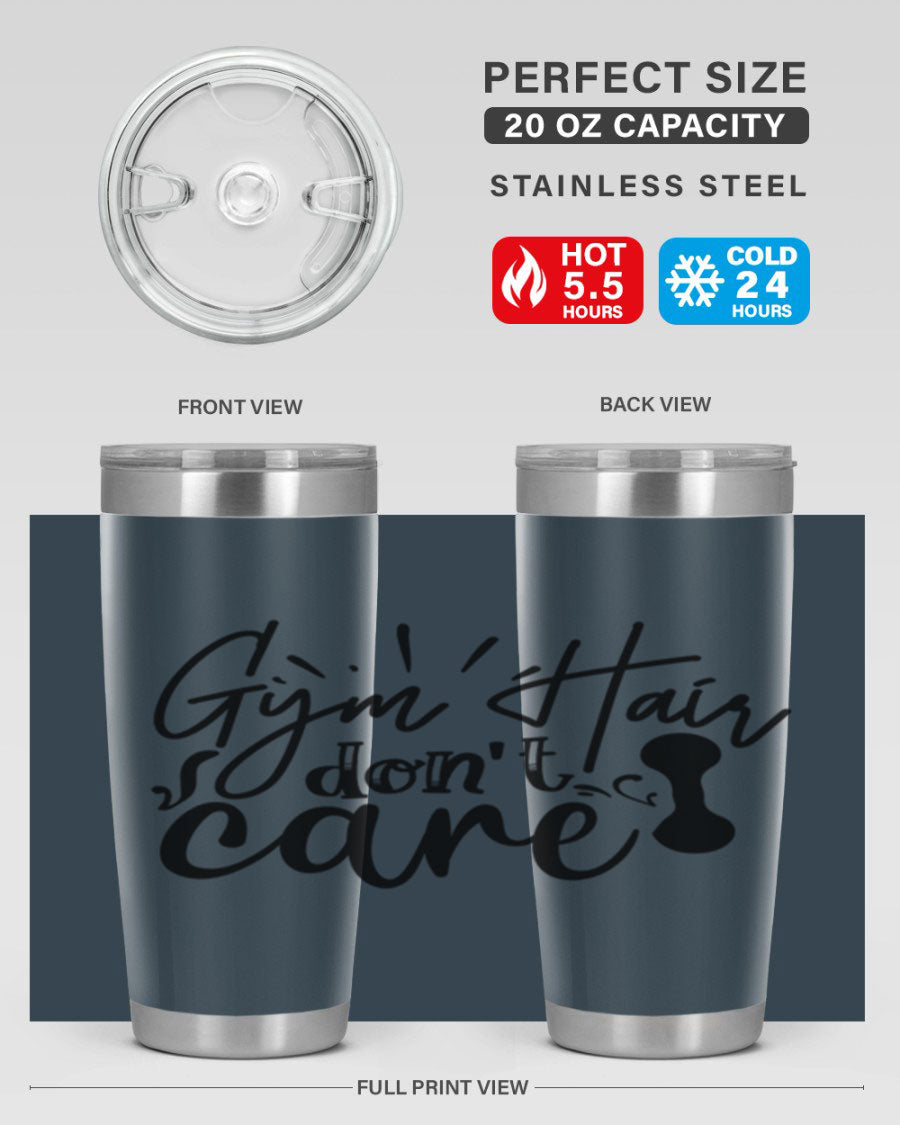 Gym Hair Don't Care 43# Tumbler, a stylish 20oz double wall vacuum stainless steel tumbler with a drink-thru lid, perfect for workouts.