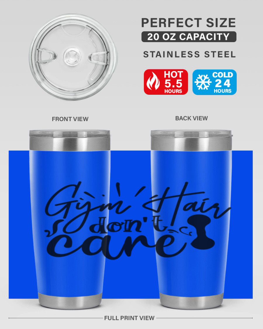 Gym Hair Don't Care 43# Tumbler, a stylish 20oz double wall vacuum stainless steel tumbler with a drink-thru lid, perfect for workouts.