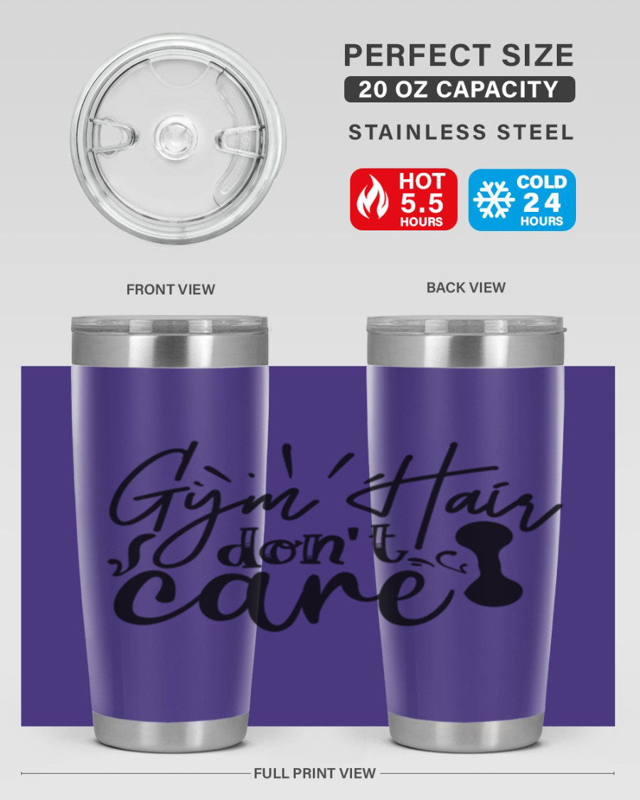 Gym Hair Don't Care 43# Tumbler, a stylish 20oz double wall vacuum stainless steel tumbler with a drink-thru lid, perfect for workouts.