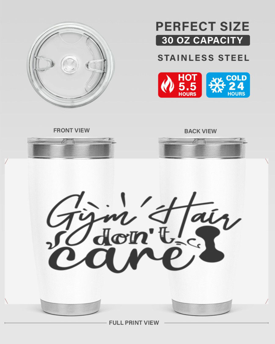 Gym Hair Don't Care 43# Tumbler, a stylish 20oz double wall vacuum stainless steel tumbler with a drink-thru lid, perfect for workouts.