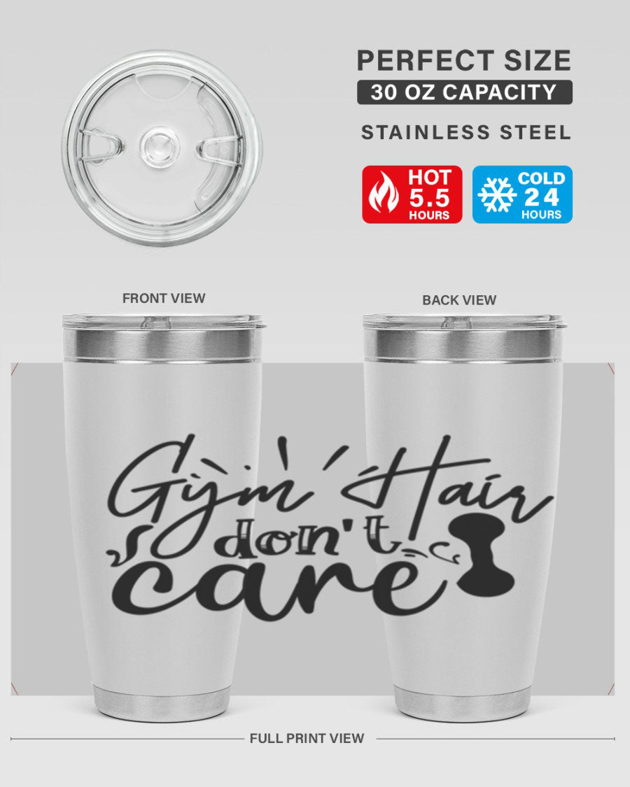 Gym Hair Don't Care 43# Tumbler, a stylish 20oz double wall vacuum stainless steel tumbler with a drink-thru lid, perfect for workouts.