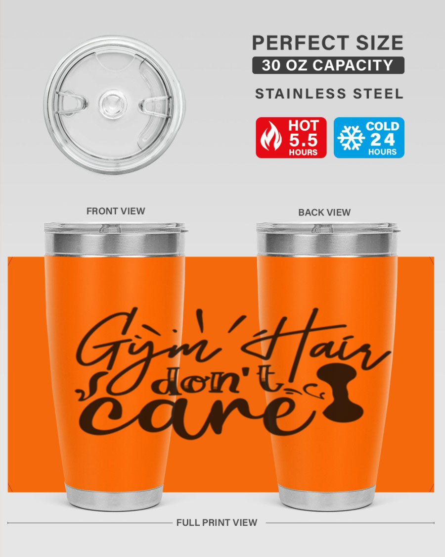 Gym Hair Don't Care 43# Tumbler, a stylish 20oz double wall vacuum stainless steel tumbler with a drink-thru lid, perfect for workouts.