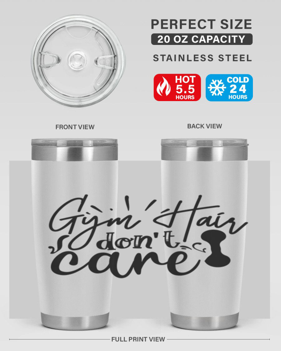 Gym Hair Don't Care 43# Tumbler, a stylish 20oz double wall vacuum stainless steel tumbler with a drink-thru lid, perfect for workouts.