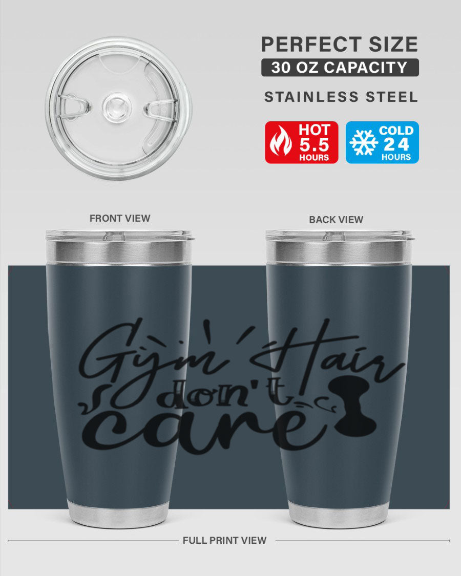 Gym Hair Don't Care 43# Tumbler, a stylish 20oz double wall vacuum stainless steel tumbler with a drink-thru lid, perfect for workouts.