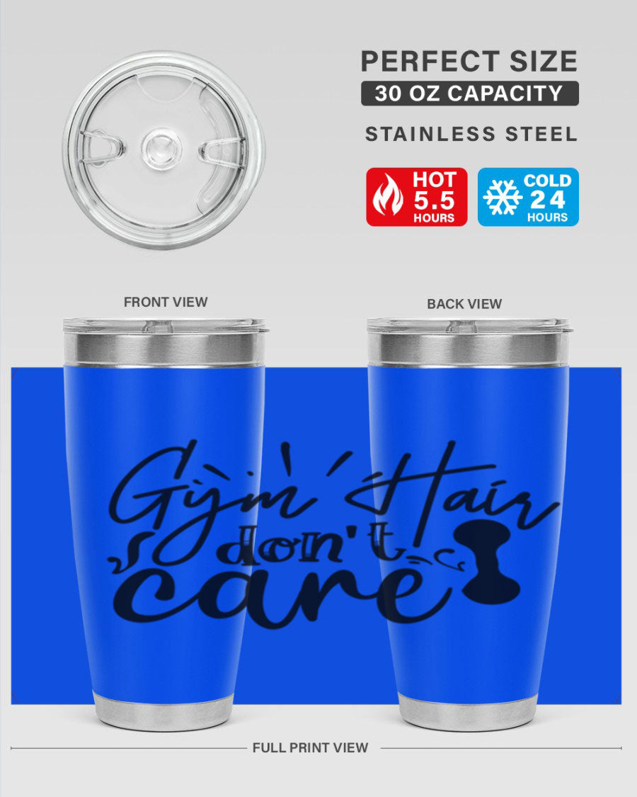 Gym Hair Don't Care 43# Tumbler, a stylish 20oz double wall vacuum stainless steel tumbler with a drink-thru lid, perfect for workouts.