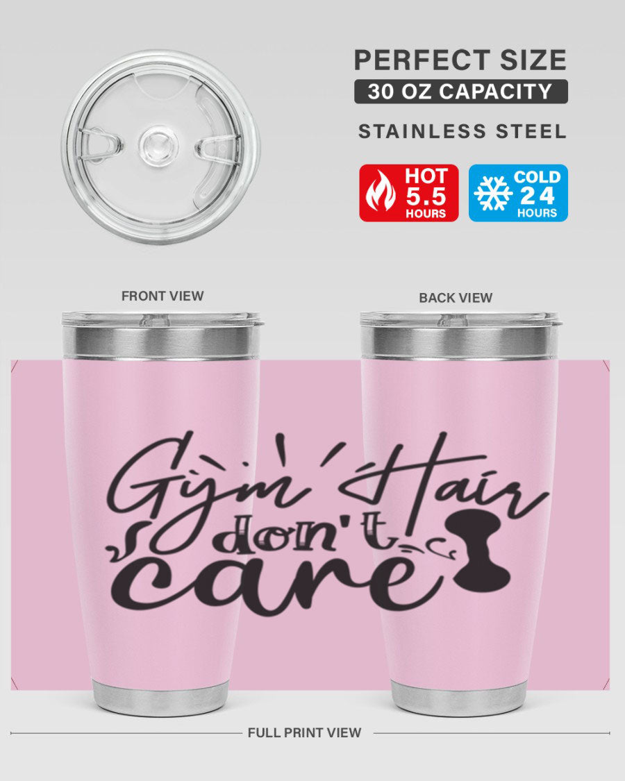 Gym Hair Don't Care 43# Tumbler, a stylish 20oz double wall vacuum stainless steel tumbler with a drink-thru lid, perfect for workouts.