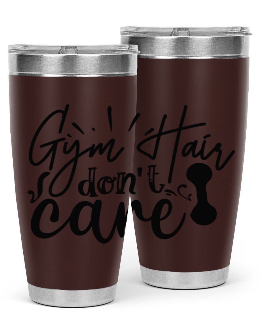 Gym Hair Don't Care 43# Tumbler, a stylish 20oz double wall vacuum stainless steel tumbler with a drink-thru lid, perfect for workouts.
