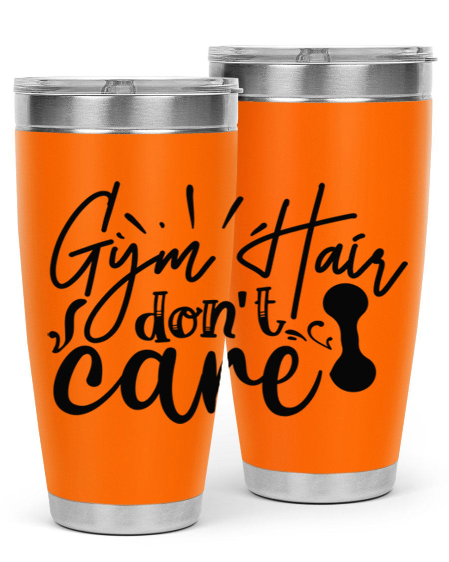 Gym Hair Don't Care 43# Tumbler, a stylish 20oz double wall vacuum stainless steel tumbler with a drink-thru lid, perfect for workouts.