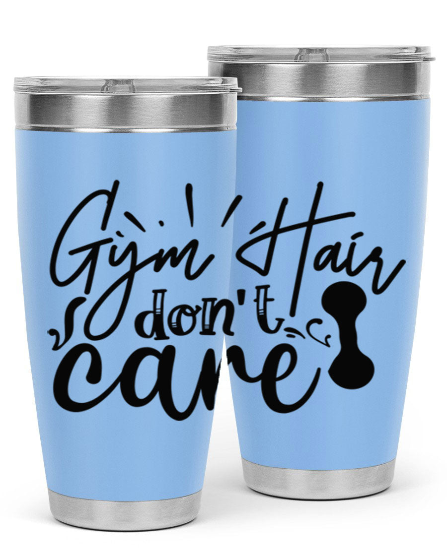 Gym Hair Don't Care 43# Tumbler, a stylish 20oz double wall vacuum stainless steel tumbler with a drink-thru lid, perfect for workouts.