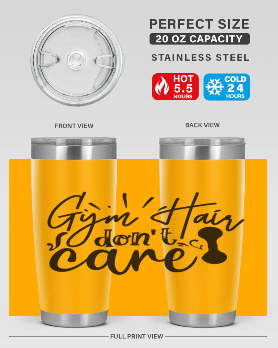 Gym Hair Don't Care 43# Tumbler, a stylish 20oz double wall vacuum stainless steel tumbler with a drink-thru lid, perfect for workouts.