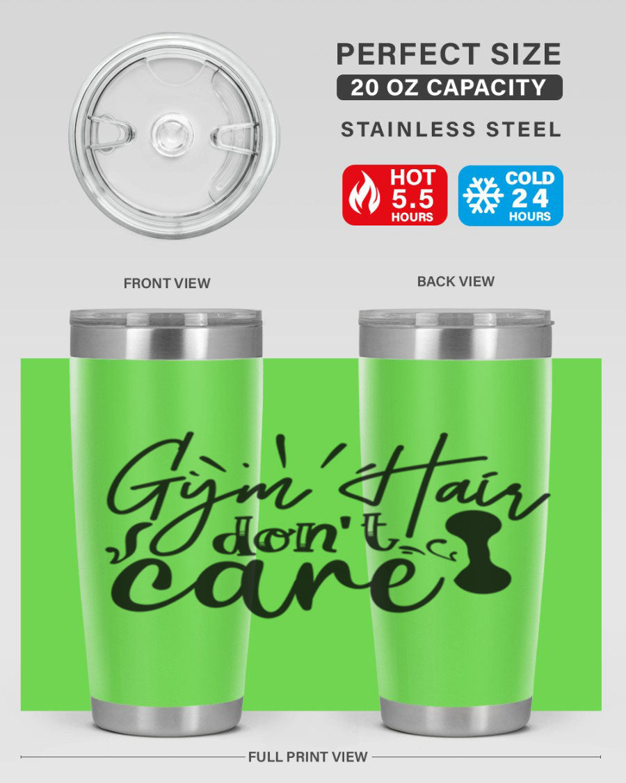 Gym Hair Don't Care 43# Tumbler, a stylish 20oz double wall vacuum stainless steel tumbler with a drink-thru lid, perfect for workouts.