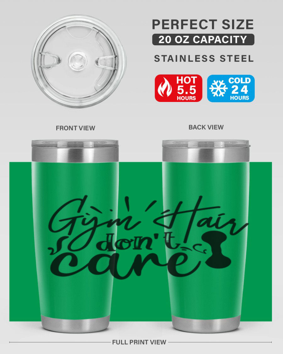 Gym Hair Don't Care 43# Tumbler, a stylish 20oz double wall vacuum stainless steel tumbler with a drink-thru lid, perfect for workouts.