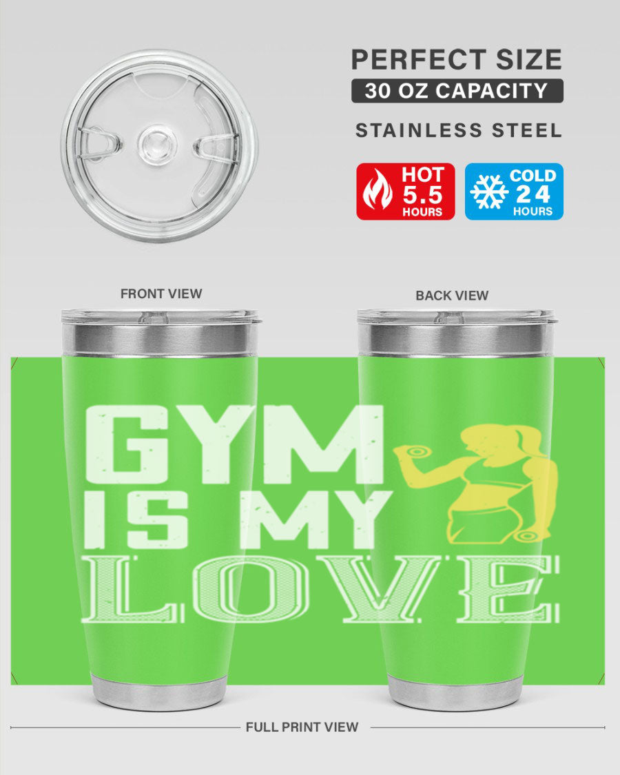 A stylish 'Gym is My Love 98#' tumbler in stainless steel, showcasing its double wall vacuum design and vibrant print.