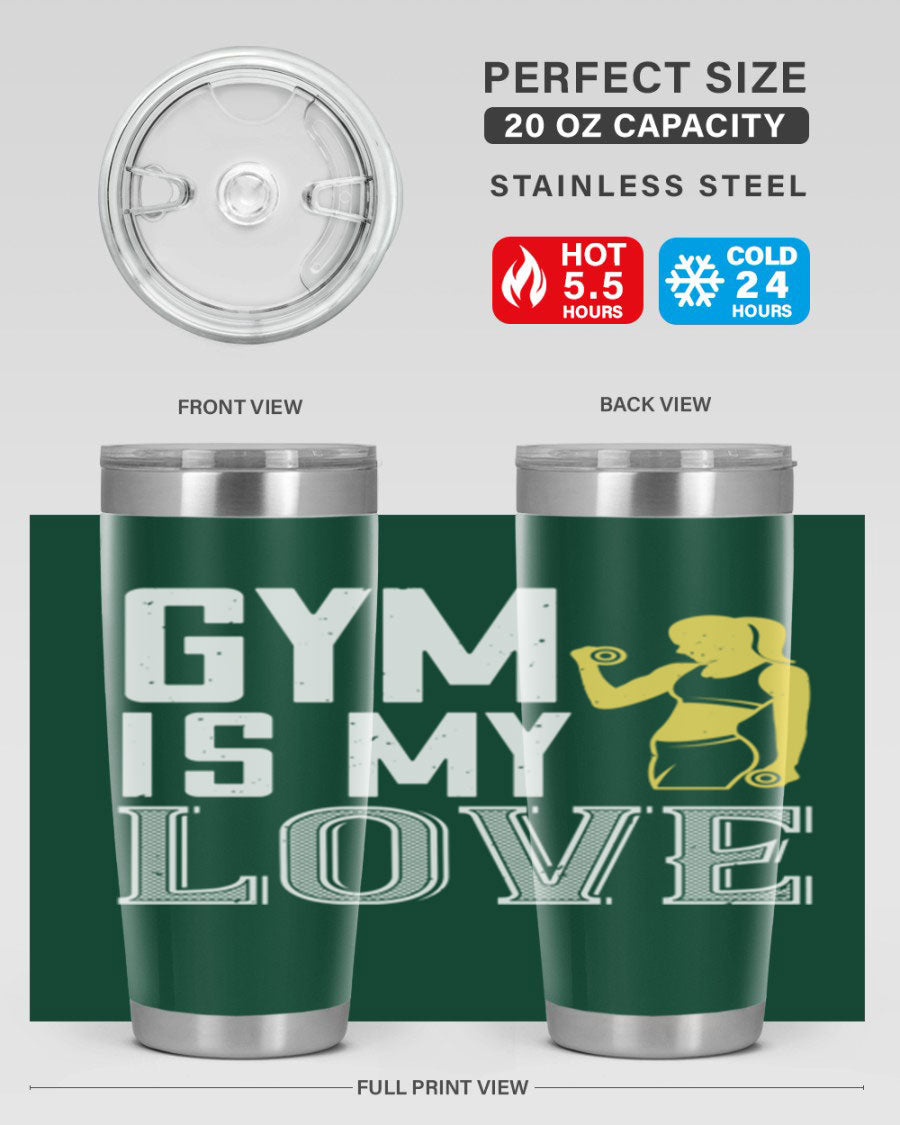 A stylish 'Gym is My Love 98#' tumbler in stainless steel, showcasing its double wall vacuum design and vibrant print.