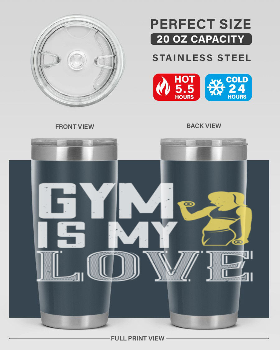 A stylish 'Gym is My Love 98#' tumbler in stainless steel, showcasing its double wall vacuum design and vibrant print.