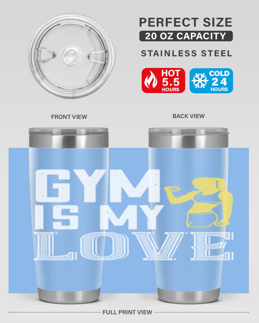 A stylish 'Gym is My Love 98#' tumbler in stainless steel, showcasing its double wall vacuum design and vibrant print.