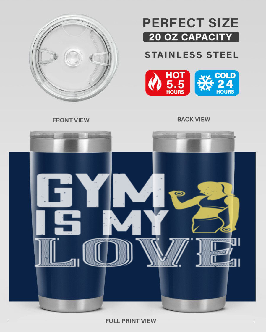 A stylish 'Gym is My Love 98#' tumbler in stainless steel, showcasing its double wall vacuum design and vibrant print.