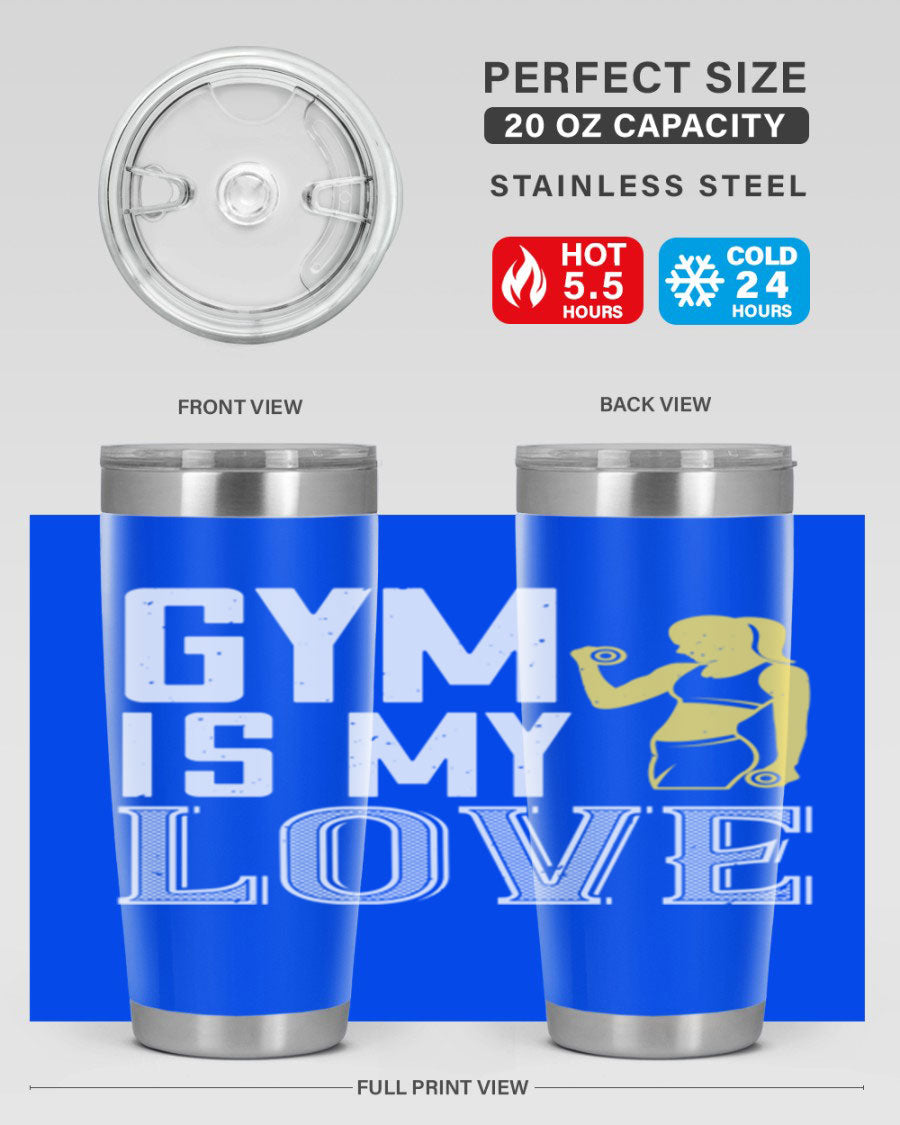 A stylish 'Gym is My Love 98#' tumbler in stainless steel, showcasing its double wall vacuum design and vibrant print.
