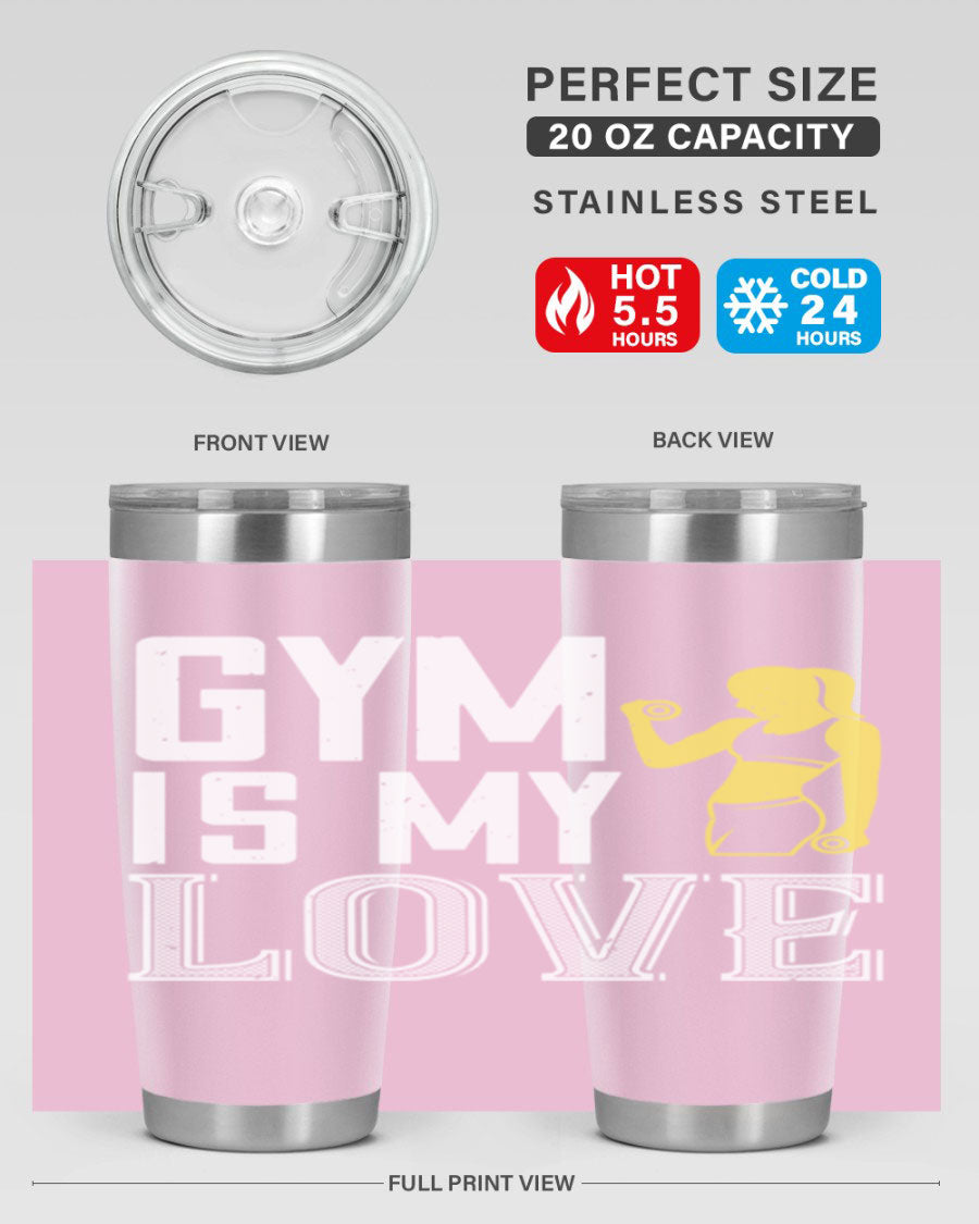 A stylish 'Gym is My Love 98#' tumbler in stainless steel, showcasing its double wall vacuum design and vibrant print.