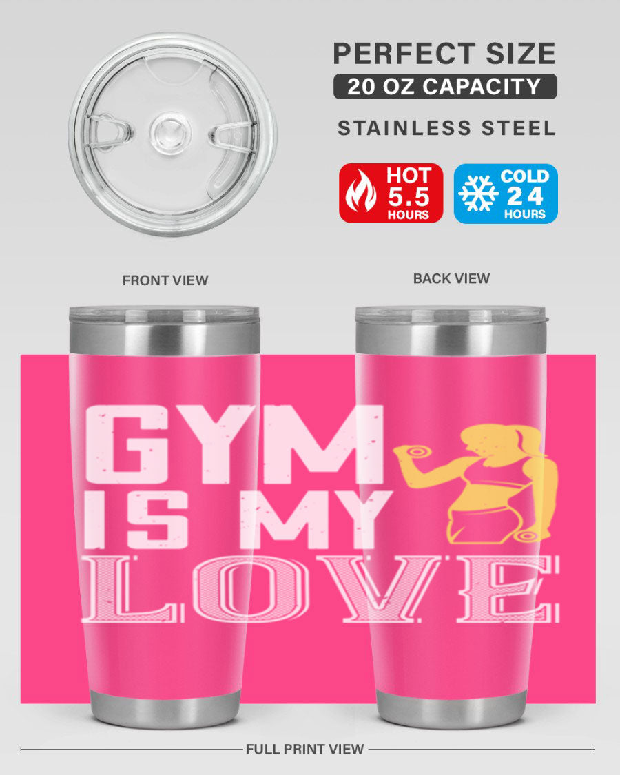 A stylish 'Gym is My Love 98#' tumbler in stainless steel, showcasing its double wall vacuum design and vibrant print.