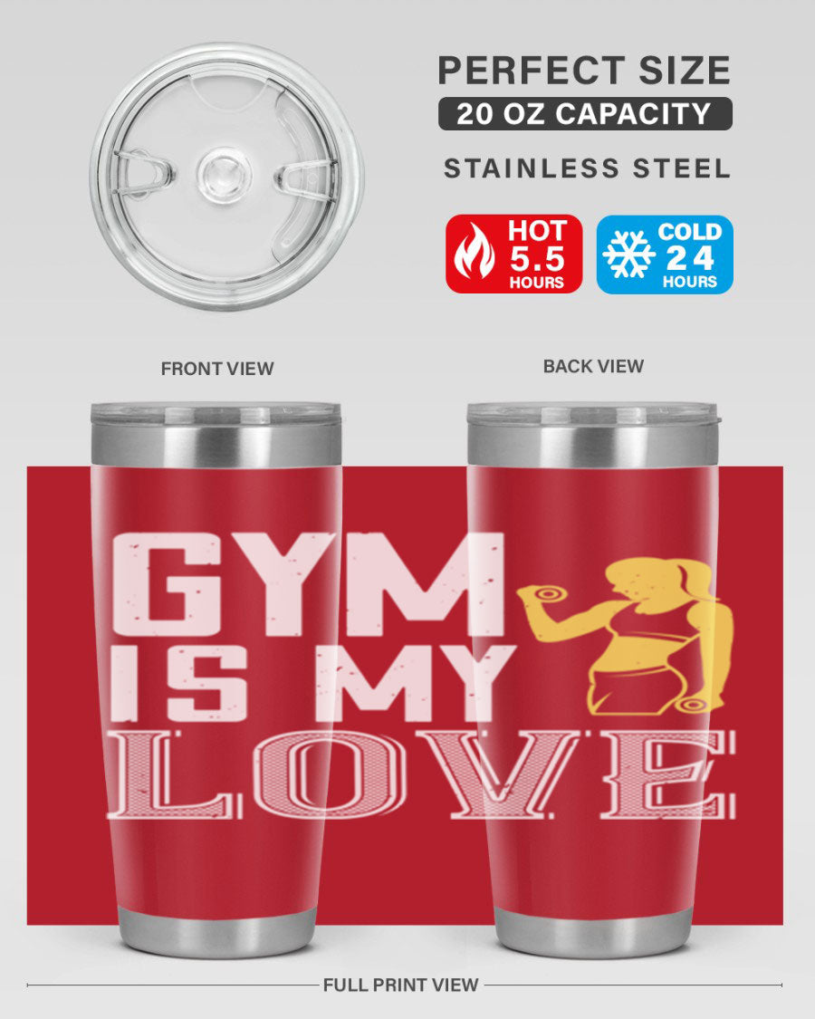 A stylish 'Gym is My Love 98#' tumbler in stainless steel, showcasing its double wall vacuum design and vibrant print.