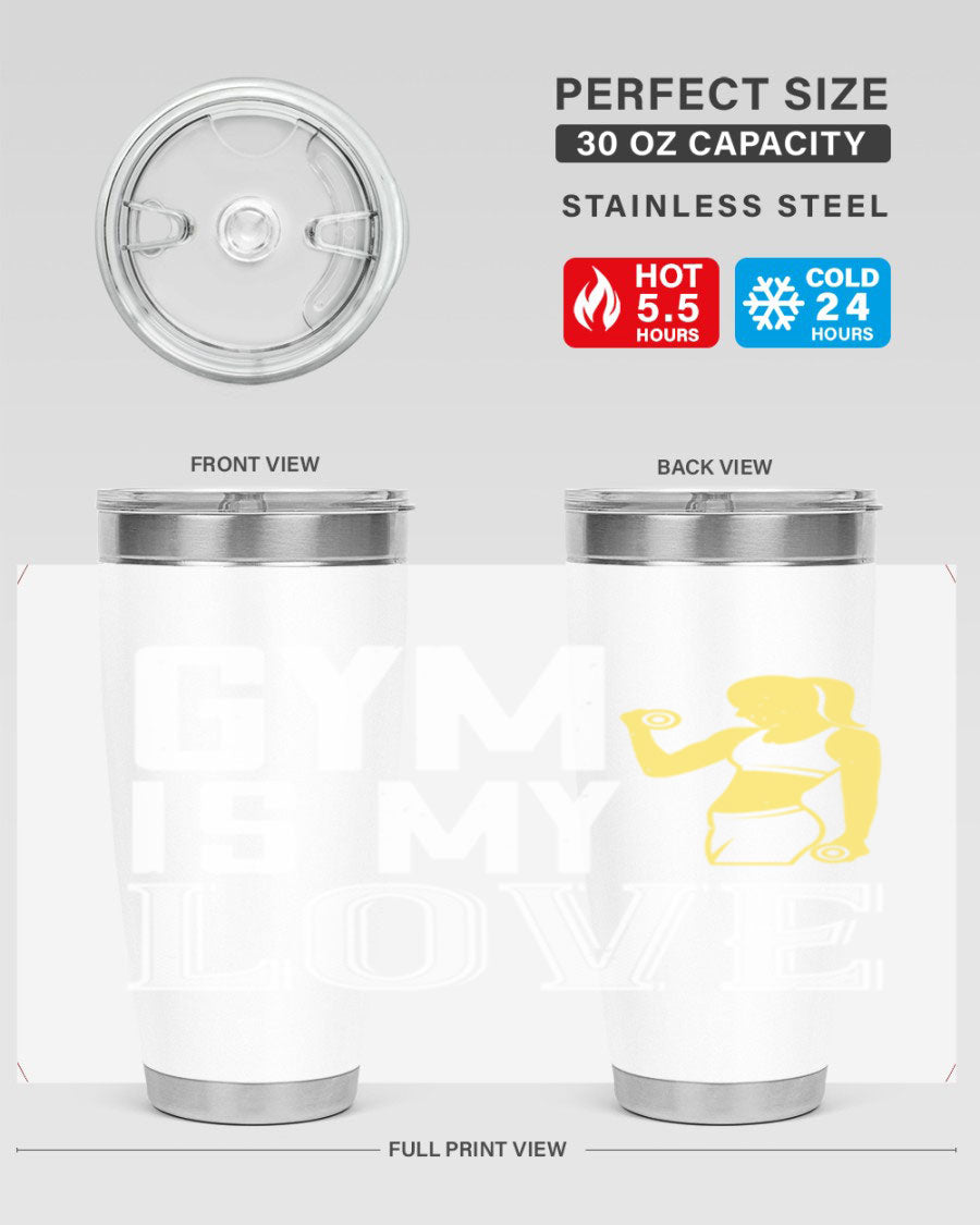 A stylish 'Gym is My Love 98#' tumbler in stainless steel, showcasing its double wall vacuum design and vibrant print.