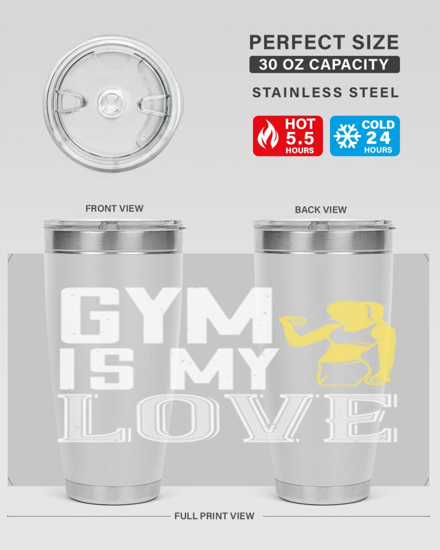 A stylish 'Gym is My Love 98#' tumbler in stainless steel, showcasing its double wall vacuum design and vibrant print.
