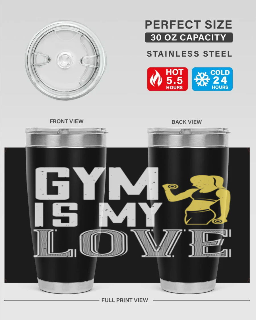 A stylish 'Gym is My Love 98#' tumbler in stainless steel, showcasing its double wall vacuum design and vibrant print.