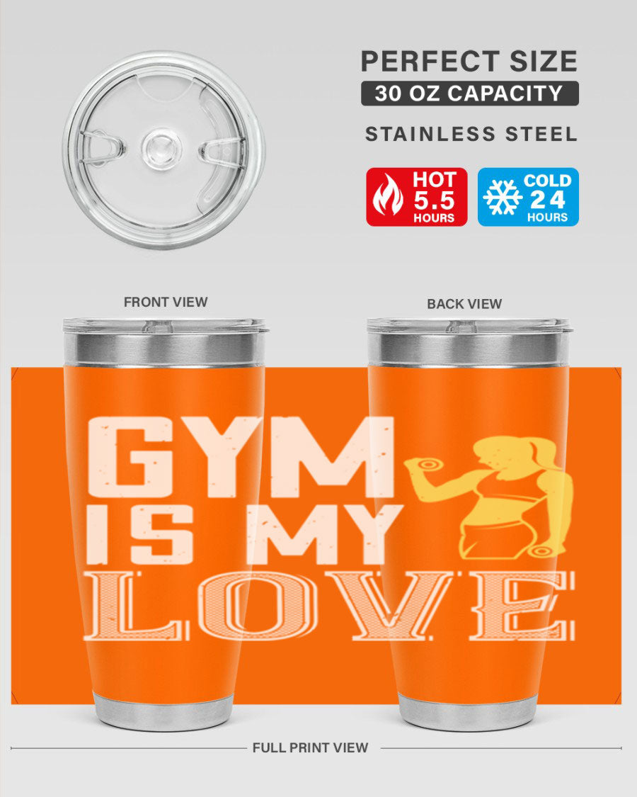 A stylish 'Gym is My Love 98#' tumbler in stainless steel, showcasing its double wall vacuum design and vibrant print.